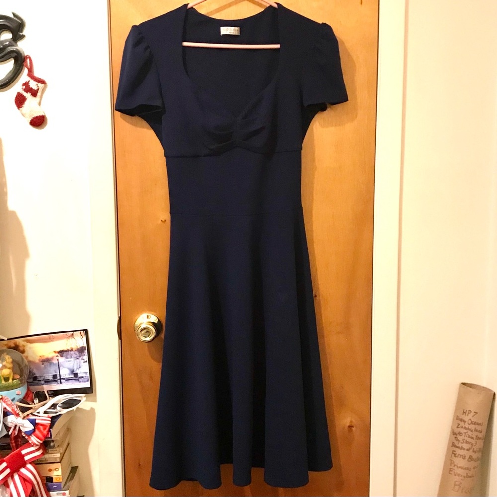 Navy 1940’s style midi dress with ruched bust